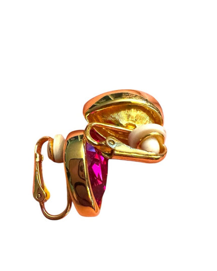 Elegant Rare Gold & Fushia Pink Teardrop SWAROVSKI SAL Vintage Clip on Earrings
