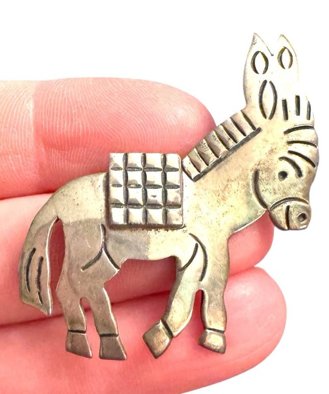 Vintsge Sterling Silver 935 Mexico Donkey Brooch Mid Century 1950s