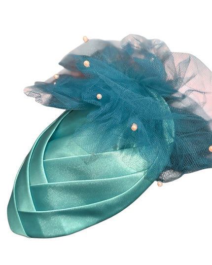 Elegant Vintage HAIR Teal Fascinator with Tulle Accents & pearls