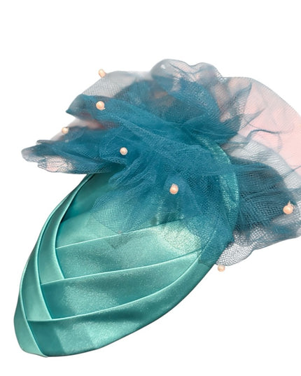 Elegant Vintage HAIR Teal Fascinator with Tulle Accents & pearls