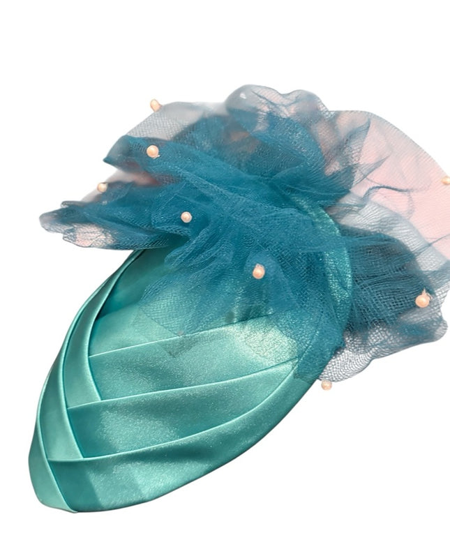 Elegant Vintage HAIR Teal Fascinator with Tulle Accents & pearls