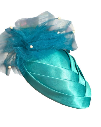 Elegant Vintage HAIR Teal Fascinator with Tulle Accents & pearls