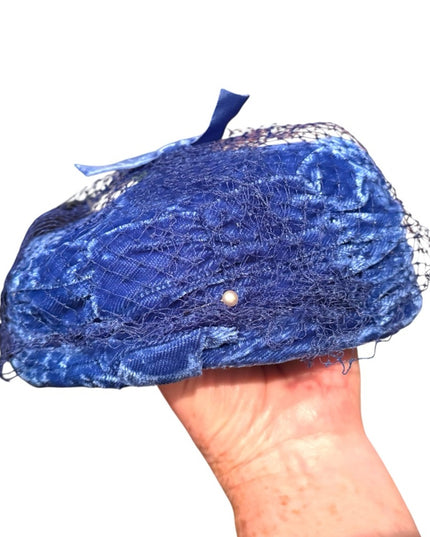 Elegant Vintage Blue Velvet Pillbox Hat w Blue Netting Church Event Wedding
