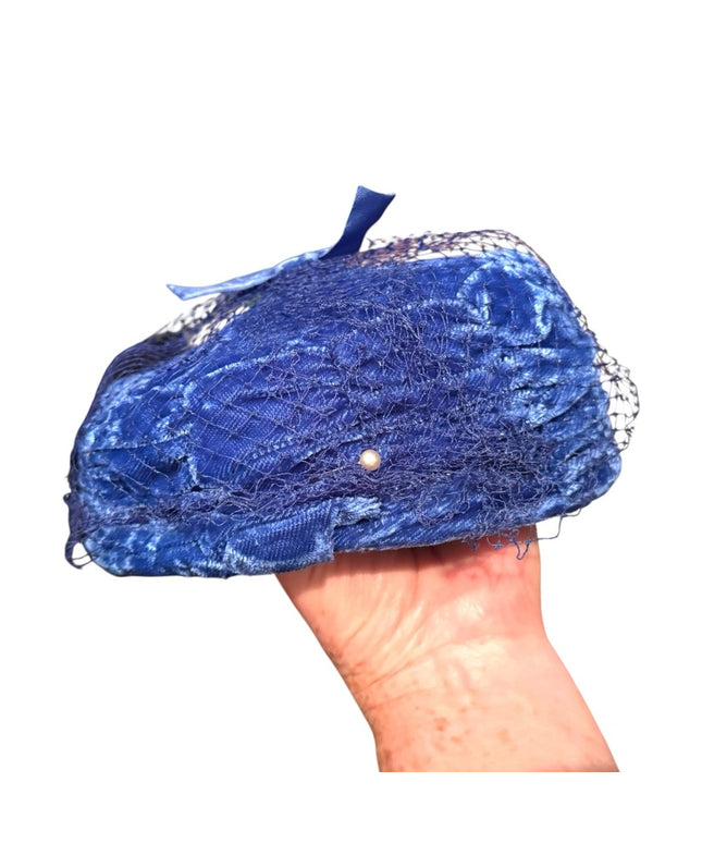Elegant Vintage Blue Velvet Pillbox Hat w Blue Netting Church Event Wedding