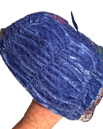 Elegant Vintage Blue Velvet Pillbox Hat w Blue Netting Church Event Wedding