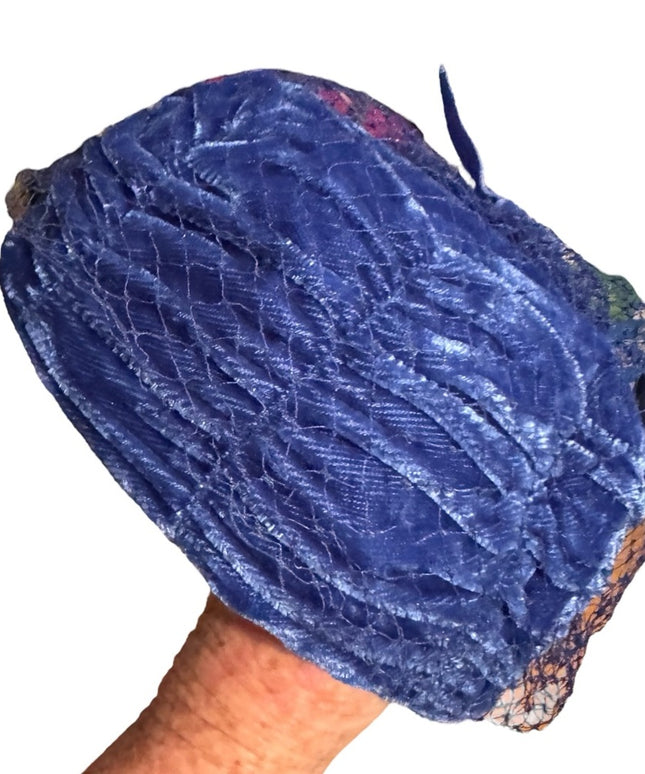Elegant Vintage Blue Velvet Pillbox Hat w Blue Netting Church Event Wedding