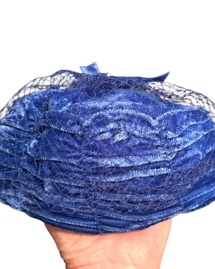 Elegant Vintage Blue Velvet Pillbox Hat w Blue Netting Church Event Wedding