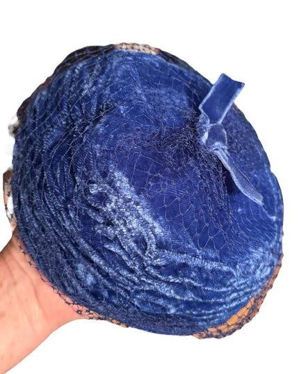 Elegant Vintage Blue Velvet Pillbox Hat w Blue Netting Church Event Wedding