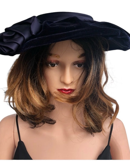 Vintage blue velvet facinator hat wide High Society Wide Brim