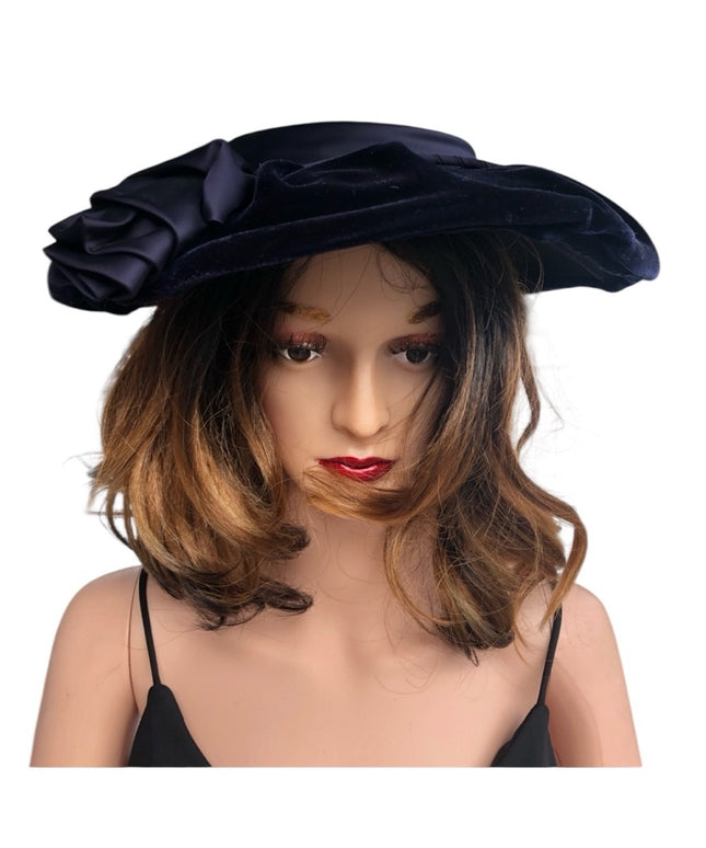Vintage blue velvet facinator hat wide High Society Wide Brim