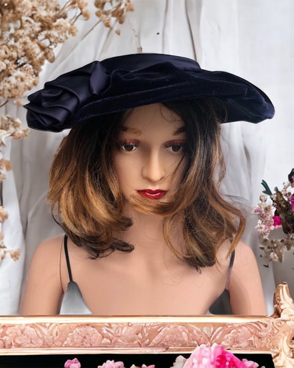 Vintage blue velvet facinator hat wide High Society Wide Brim