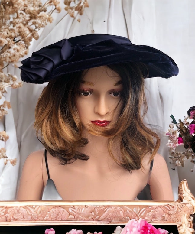 Vintage blue velvet facinator hat wide High Society Wide Brim