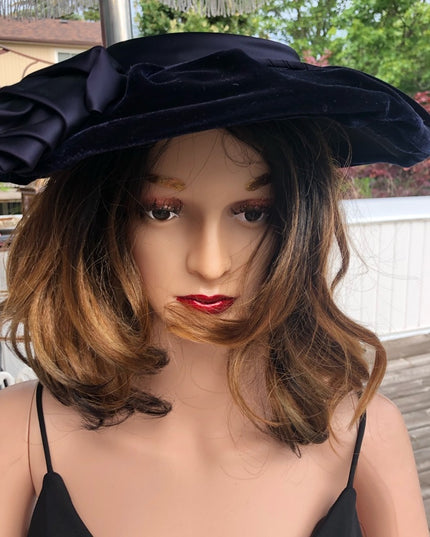 Vintage blue velvet facinator hat wide High Society Wide Brim