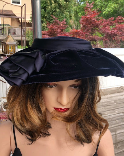 Vintage blue velvet facinator hat wide High Society Wide Brim