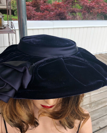 Vintage blue velvet facinator hat wide High Society Wide Brim