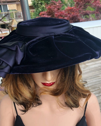 Vintage blue velvet facinator hat wide High Society Wide Brim