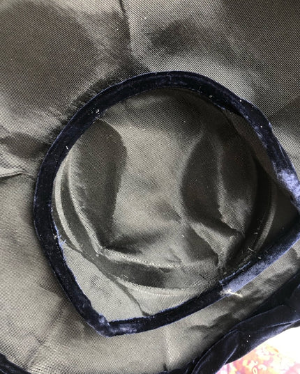 Vintage blue velvet facinator hat wide High Society Wide Brim