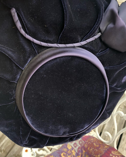 Vintage blue velvet facinator hat wide High Society Wide Brim