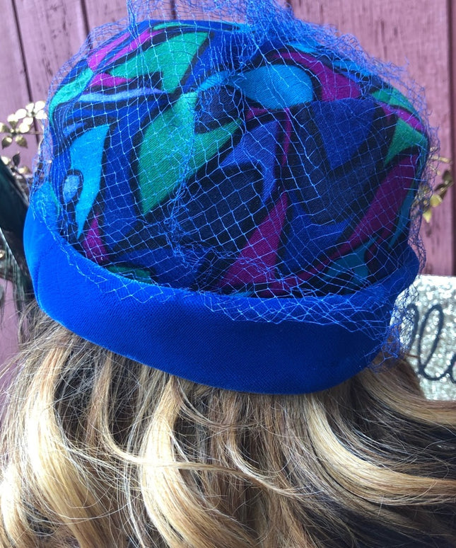 Vintage 1960s blue velvet hat printed beautiful’