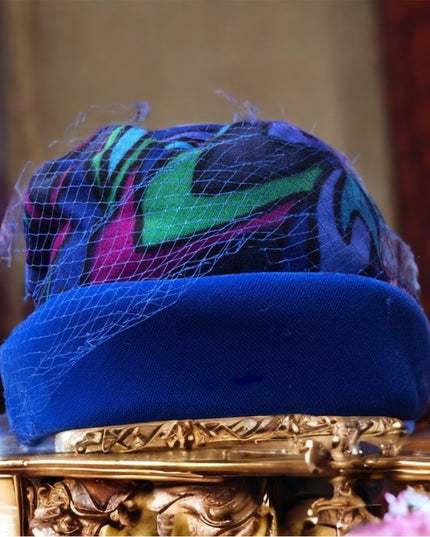 Vintage 1960s blue velvet hat printed beautiful’