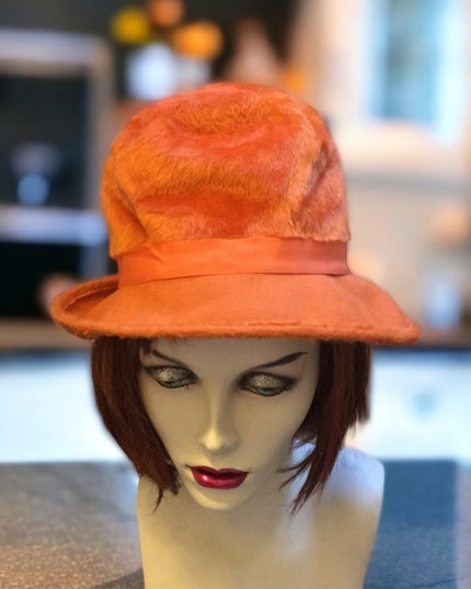 - Vintage Orange Designer High Society Fun Fashion felt HAT Cloche SM