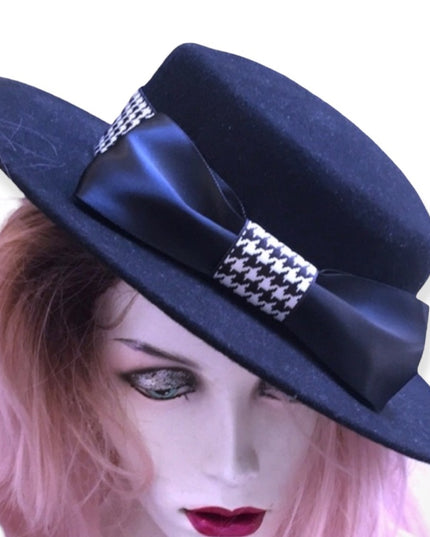 Vintage Bolman felt black hat houndstooth bow