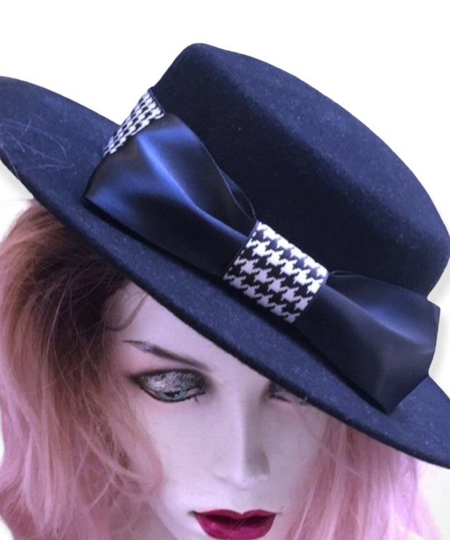 Vintage Bolman felt black hat houndstooth bow