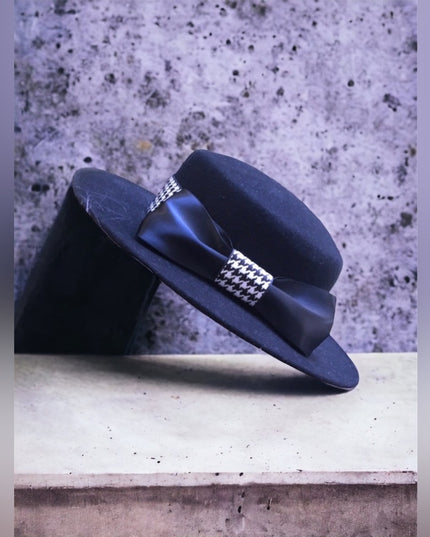 Vintage Bolman felt black hat houndstooth bow