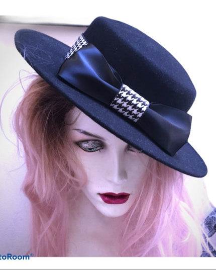 Vintage Bolman felt black hat houndstooth bow