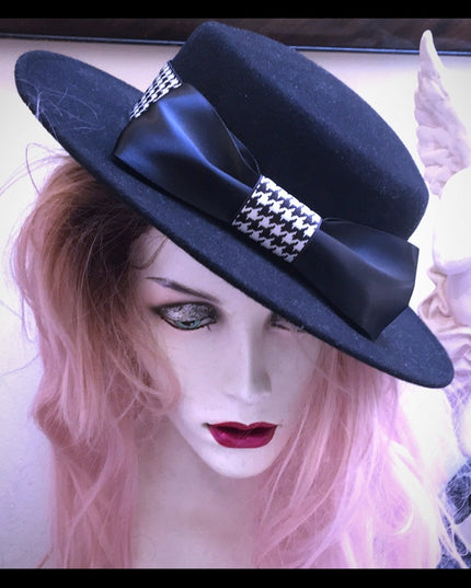Vintage Bolman felt black hat houndstooth bow