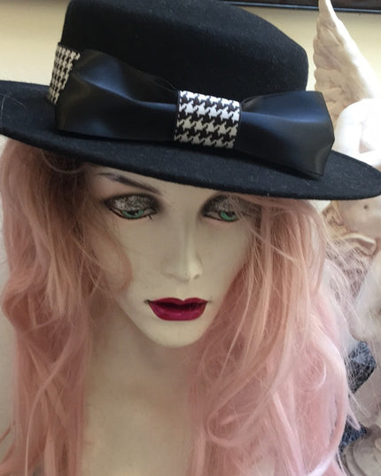 Vintage Bolman felt black hat houndstooth bow