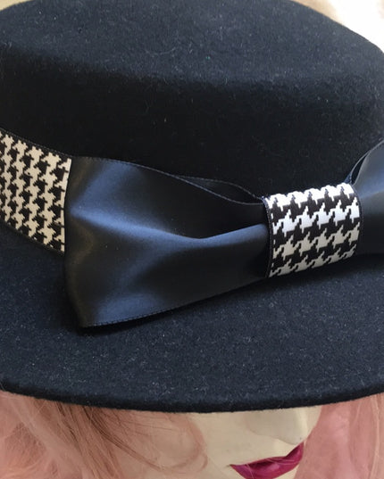 Vintage Bolman felt black hat houndstooth bow