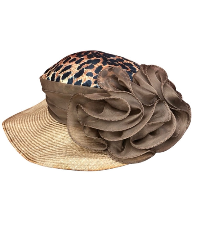 Vintage 1970s Fancy Sonny Straw Leopard print bow hat