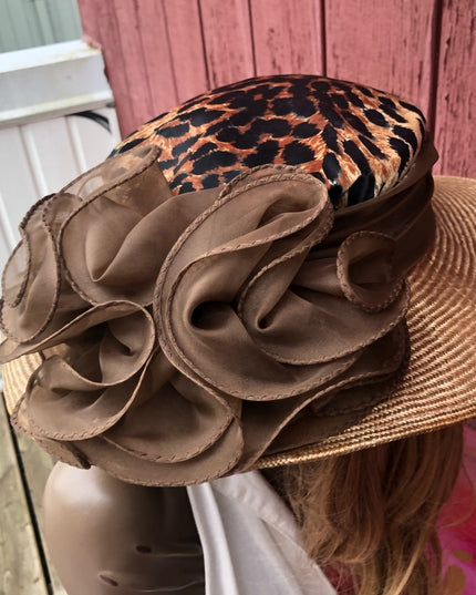 Vintage 1970s Fancy Sonny Straw Leopard print bow hat