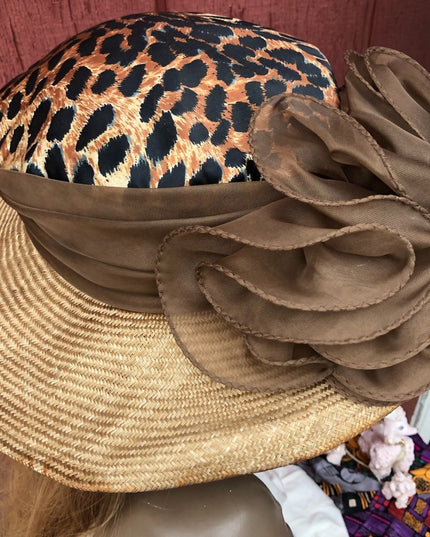 Vintage 1970s Fancy Sonny Straw Leopard print bow hat