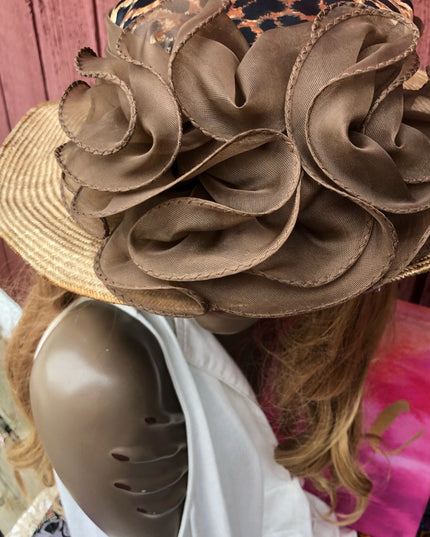 Vintage 1970s Fancy Sonny Straw Leopard print bow hat