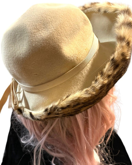 Vintage 1960s Fancy Felt hat with Leopard dyed fur fancy High Society Jean Guy