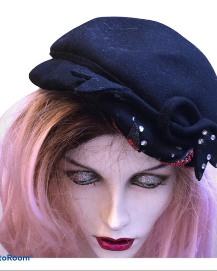 Vintage black fancy facinator hat party wedding event 1940s