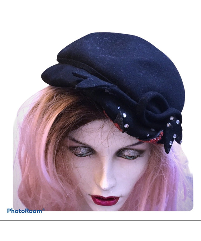 Vintage black fancy facinator hat party wedding event 1940s