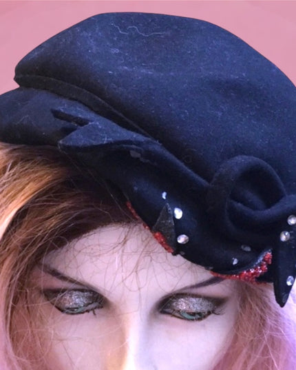 Vintage black fancy facinator hat party wedding event 1940s
