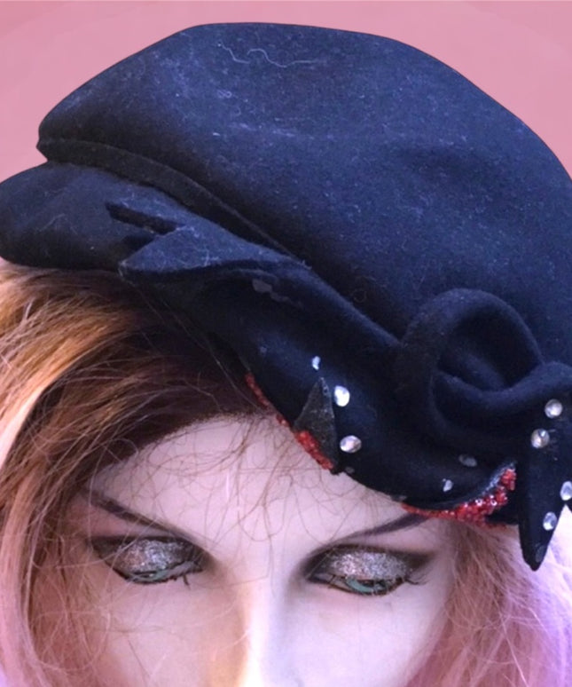 Vintage black fancy facinator hat party wedding event 1940s