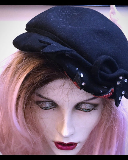 Vintage black fancy facinator hat party wedding event 1940s