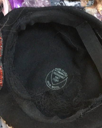 Vintage black fancy facinator hat party wedding event 1940s