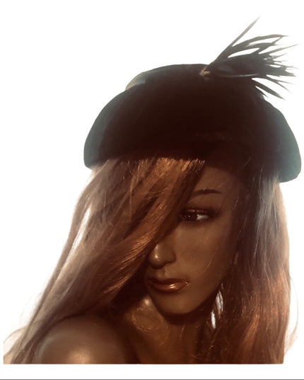 Vintage Black velvety hat w/ feather Paris Fashion