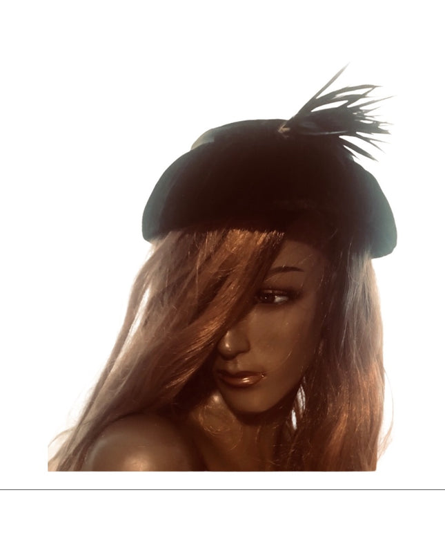 Vintage Black velvety hat w/ feather Paris Fashion