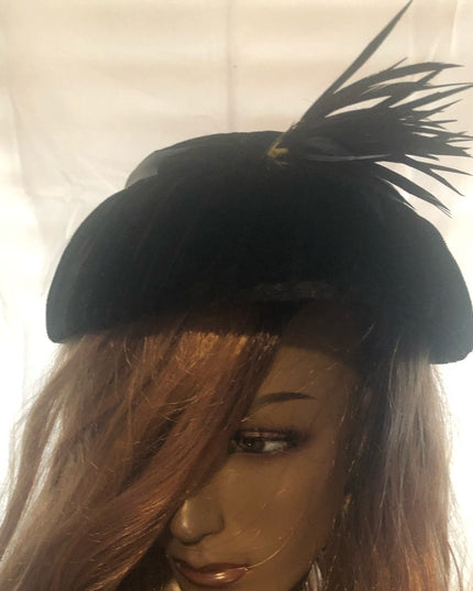 Vintage Black velvety hat w/ feather Paris Fashion