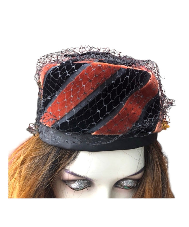 Vintage 1960s Pill box style hat Velvet Black orange