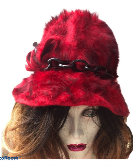 Vintage 1960s RED Faux fur Cloche With plastic chain