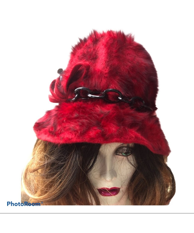 Vintage 1960s RED Faux fur Cloche With plastic chain