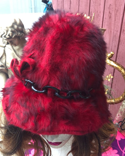 Vintage 1960s RED Faux fur Cloche With plastic chain